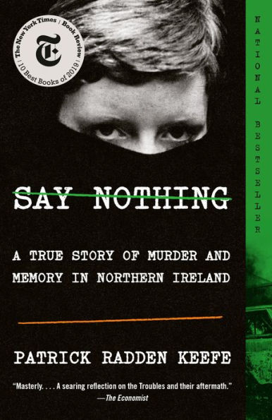 Cover of the book Say Nothing, showing a person peaking through a cloth with nose and mouth covered.